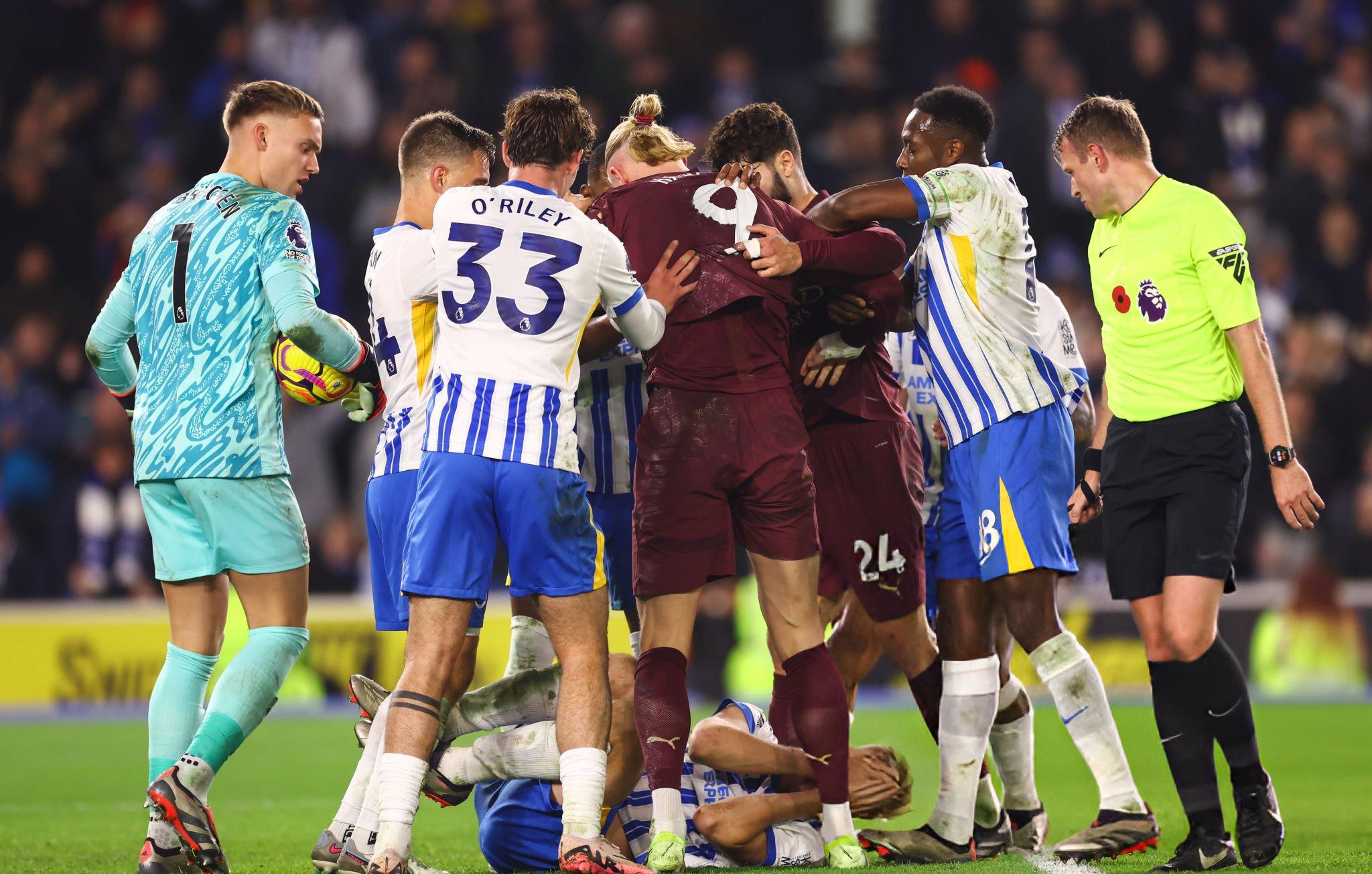 LOST CONTROL: Pep Guardiola "teaches" Van Hecke after Erling Haaland wrestles with Brighton players in Man City's loss